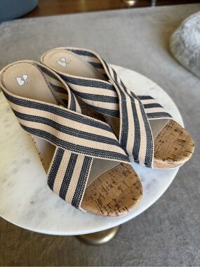 bp Striped Cork Wedge Slides in Navy and Cream